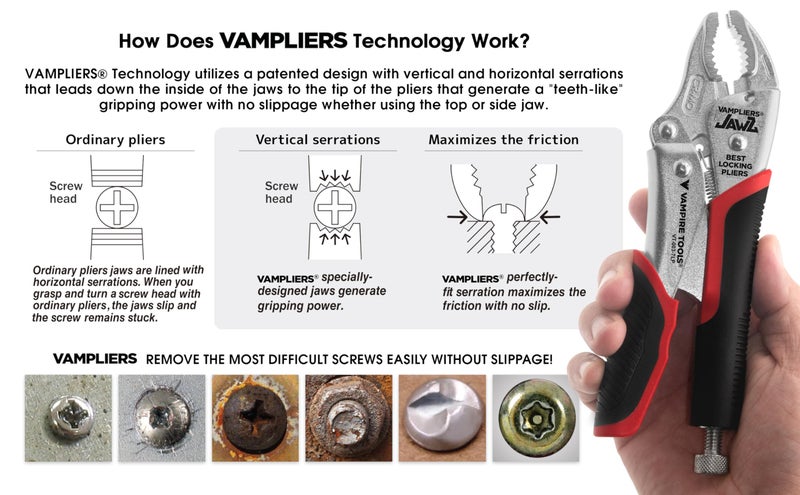VAMPLIERS 7.5" Vise Grip Heavy Duty Locking Pliers with Screw Extractor Curved Jaws. Professional Grade. Secure Hold, Quick Release. Grip & Remove Stripped/Stuck Screws in seconds. - Image 4